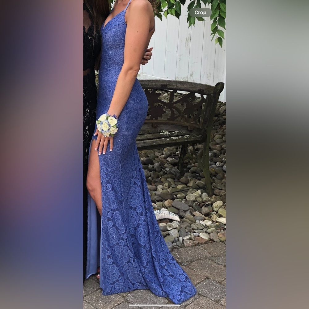 Lilac lace la femme open back gown with slit